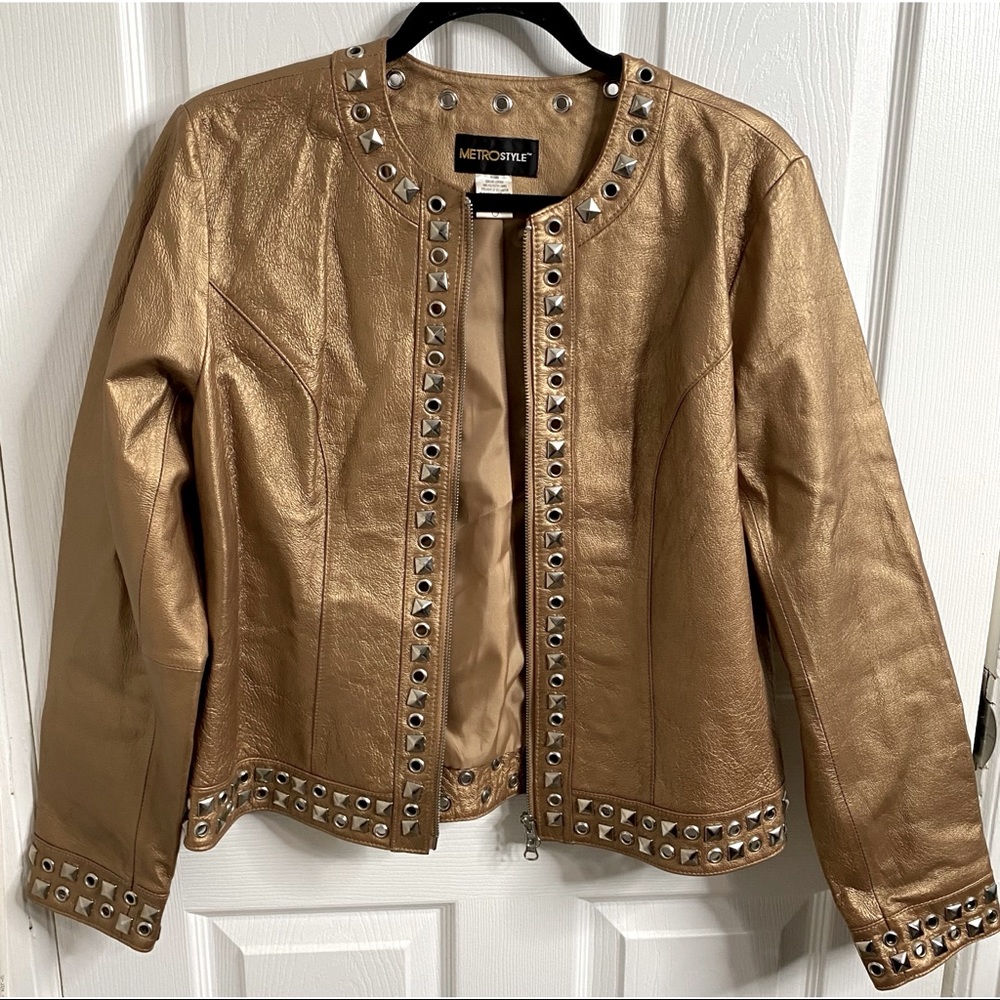 METROSTYLE  Silver Studded Gold Bronze Metallic Leather Jacket
